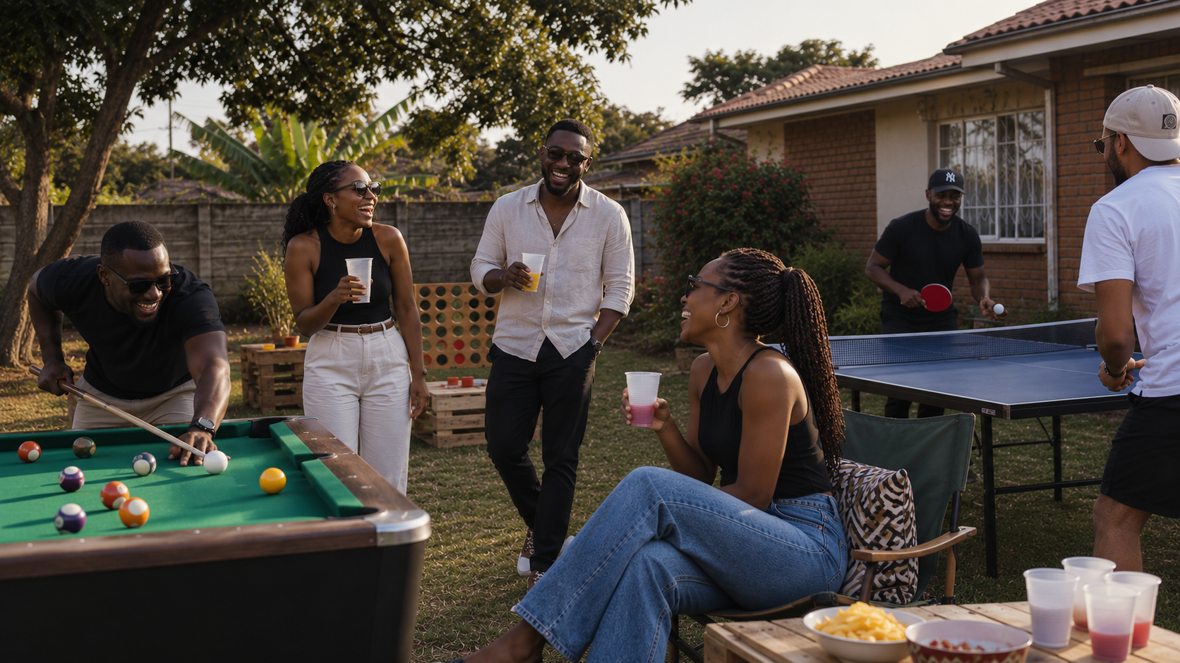 Friends enjoying pool and ping pong at a backyard event in Harare